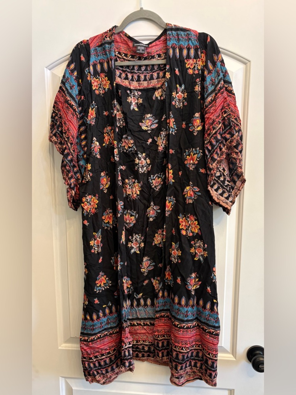 Boho Floral Black Kimono Duster with Pink & Teal Accents